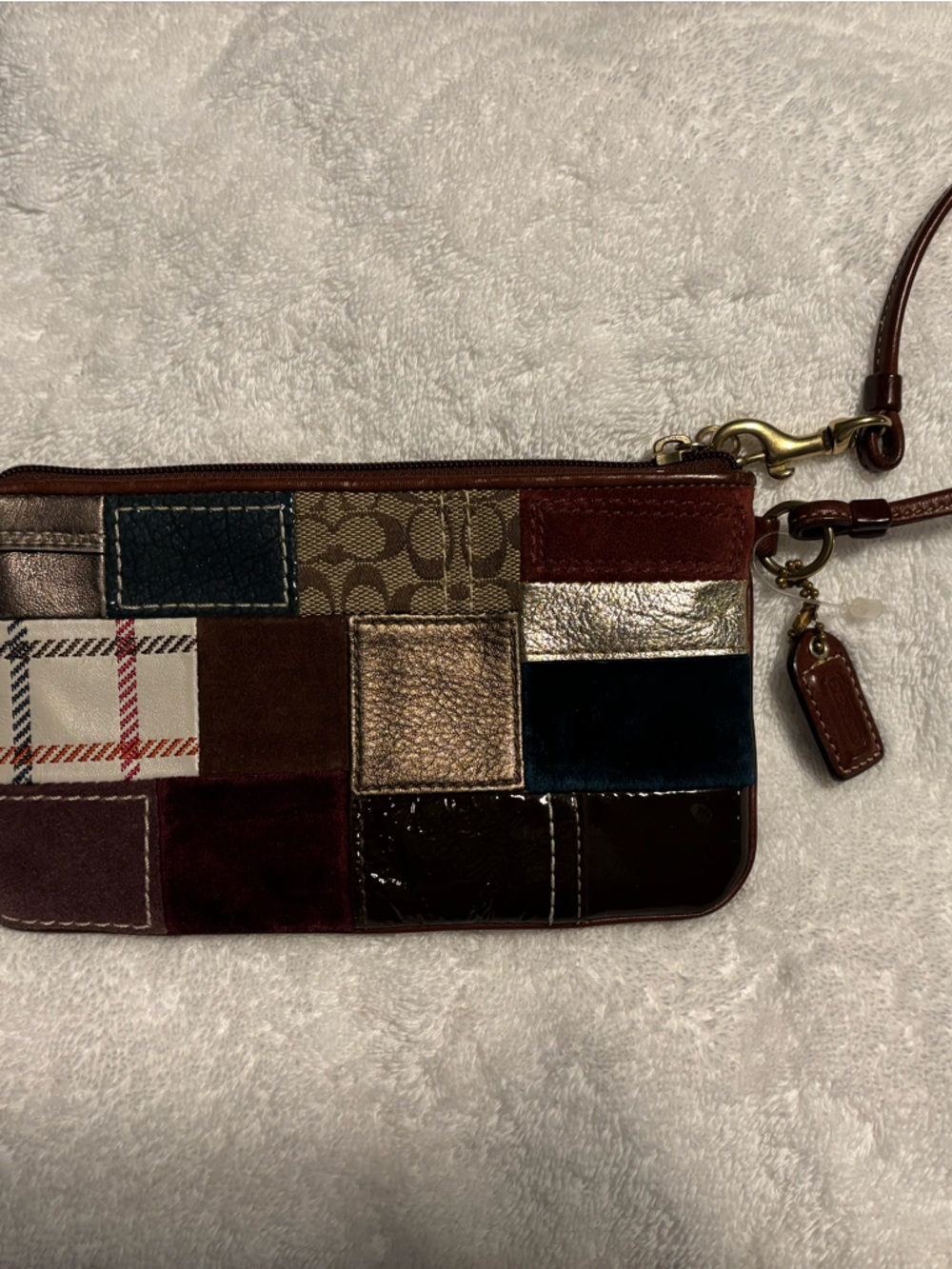 Coach Patchwork Wristlet Wallet in Brown, Burgundy, Navy and Metallics